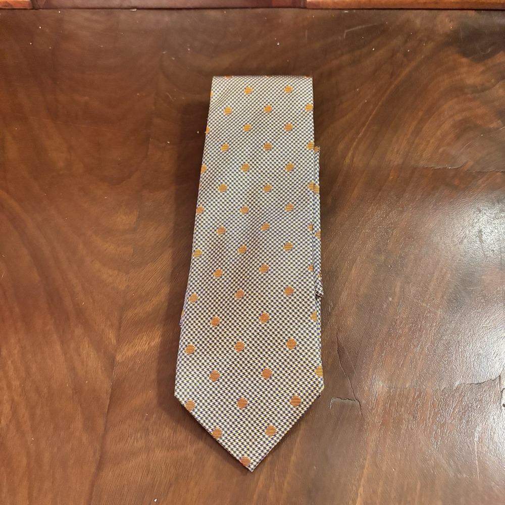 VIV Handmade Italian Silk Tie Blue Gold Polka Dot Classic Necktie